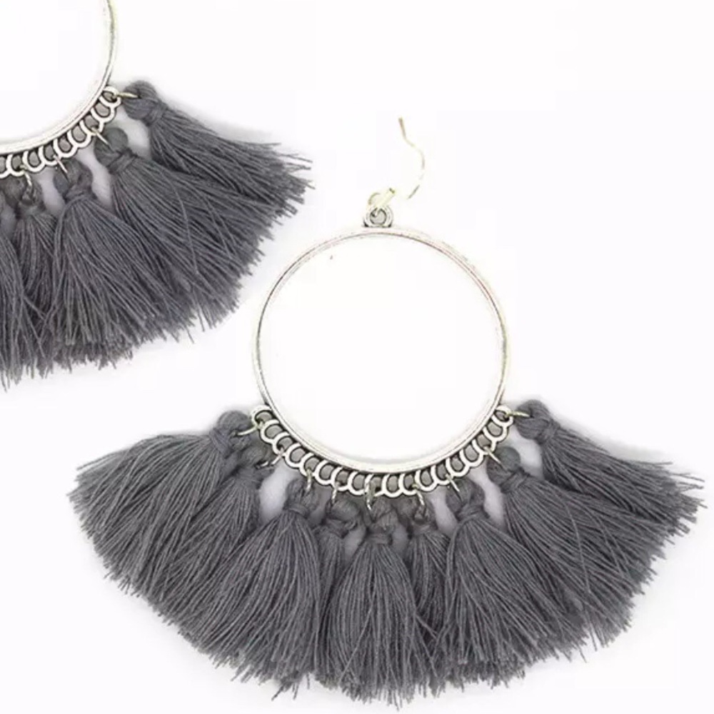 Boho Gray & Silver Fringe French Hook Earrings